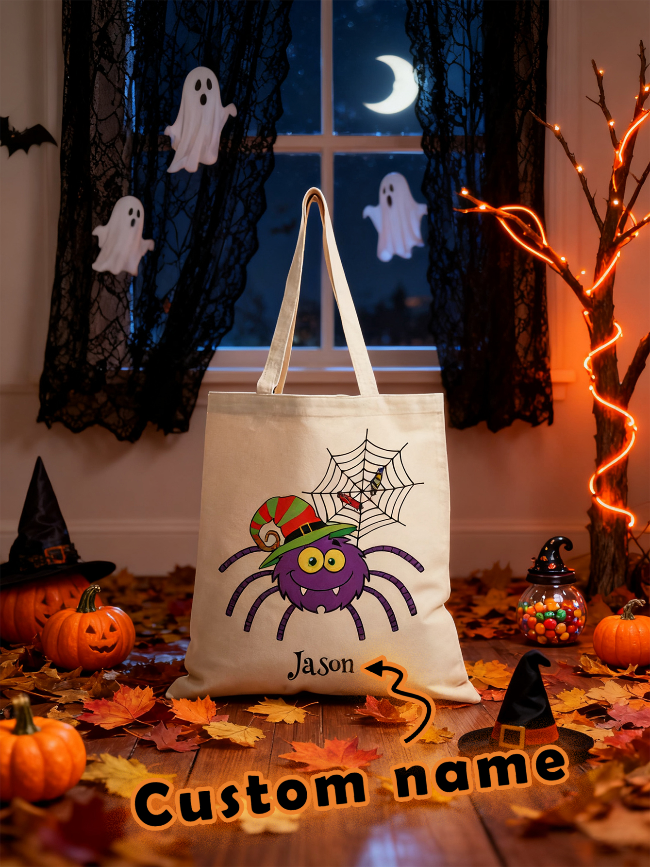 Custom Halloween Spider Canvas Candy Bag